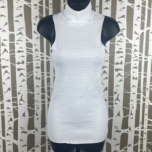 Smocked Sleeveless Mock Neck Longline Top XS White